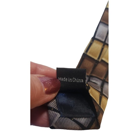 Bijoux Terner Mens Handmade Silk Neck Tie Brown Gold Silver Geometric Work Daily - Picture 9 of 12